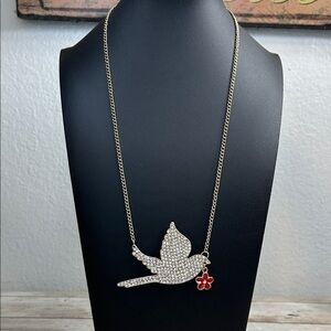 Gold Bird Pendant Necklace with Red Flower